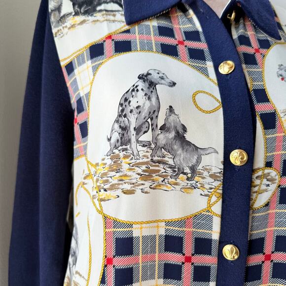 Rare VTG Whimsy Novelty Dog Print Plaid Teacher Button Up Blouse Equestrian S/M - Picture 7 of 13